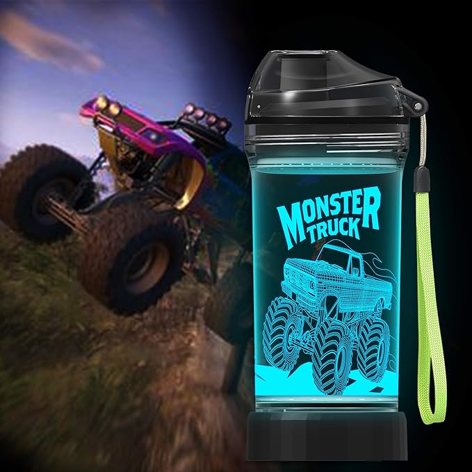 Lightzz Kids Water Bottle, Glow in The Dark Monster Truck & Tractor Water Bottle, Gifts for Boys Back to School Birthday Christmas Holiday