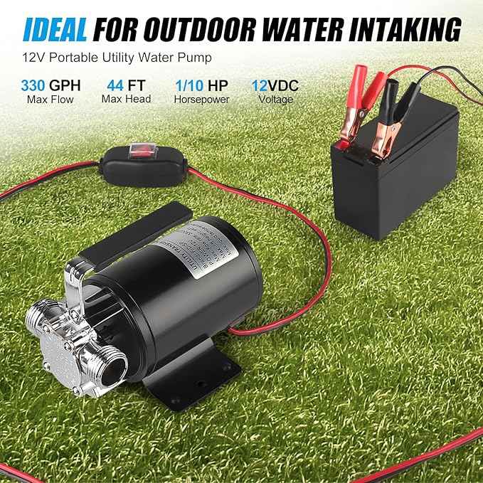 12 Volt Water Pump, Portable Transfer Pump, 330GPH Larger Flow, 1/10HP Electric Utility Pump with On/Off Switch, 2 * 6’ Water Hose Kit for Garden Pools Aquariums Hot Tub