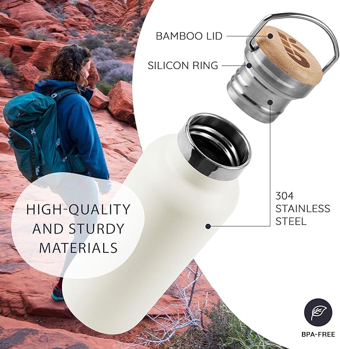 Bambaw Insulated Water Bottle 24 oz, Metal Water Bottle Stainless Steel, Keeps Drinks Cold for 24h Cold and Hot for 12h, Easy to Carry with Handle, Leak-Proof & Reusable (Polar White)