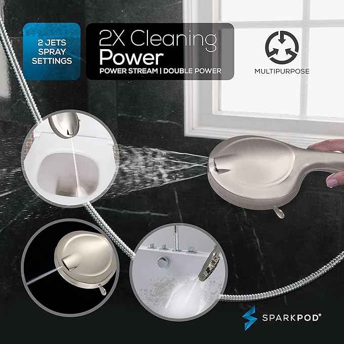 SparkPod 10-Mode Handheld Shower Head with Filter - 5" High Pressure Filtered Shower Head with Touch-to-Clean Nozzles, Built-In Power Jet, Stainless Steel 6ft Hose & Bracket (Brushed Nickel)