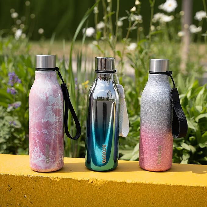 BJPKPK Insulated Water Bottles, 18 oz Stainless Steel Metal Water Bottle with Strap, BPA Free Leak Proof Jugs, Mugs, Flasks, Reusable Thermal Flasks for Sports& Travel, Blossom