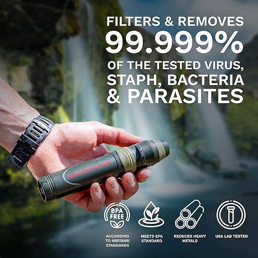 Survivor Filter Squeeze Kit – Emergency Water Straw with 2 Collapsible 33.8 fl oz Bottles – USA-Tested – 0.05 Micron Filtration – Portable Outdoor Water Filter for Camping & Hiking – No Expiration