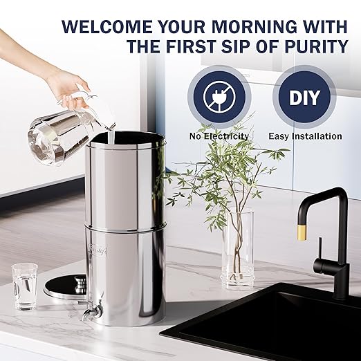 Frizzlife Reduces 99.9% Lead Gravity-fed Water Filter System, NSF/ANSI 42&372 Standards, 2.25G Countertop Water Filter Reduces Chlorine, Heavy Metals, with Activated Carbon Filter and Stand, G210-PRO