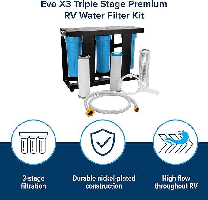 Camco Evo X3 Triple Stage Premium Camper/RV Water Filter Kit | Features 3 Replaceable Cartridges to Remove Sediments, Chlorine, Bad Tastes, Odors, Viruses, Bacteria, Contaminates, and More (40649)