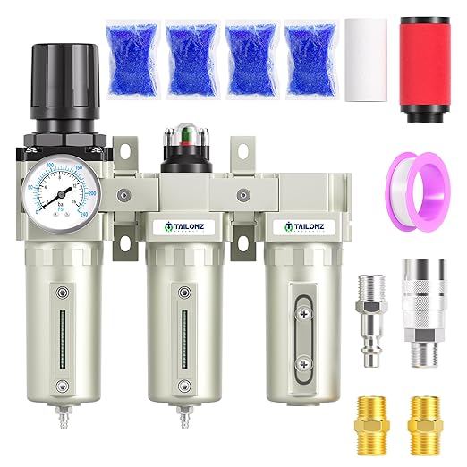 TAILONZ PNEUMATIC 3/4 Inch NPT Industrial Grade Three Stage Air Drying System, Coalescing Filter, 0-240PSI Desiccant Dryer and Air Regulator (Manual Drainage) - AquaVibe