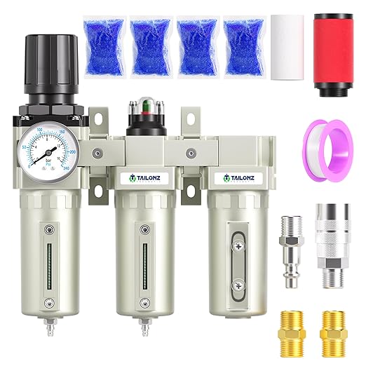TAILONZ PNEUMATIC 0-240PSI 1/2 Inch NPT Industrial Grade Three Stage Air Drying System, Particulate Filter, Coalescing Filter, Desiccant Dryer and Air Regulator (Manual Drainage) - AquaVibe