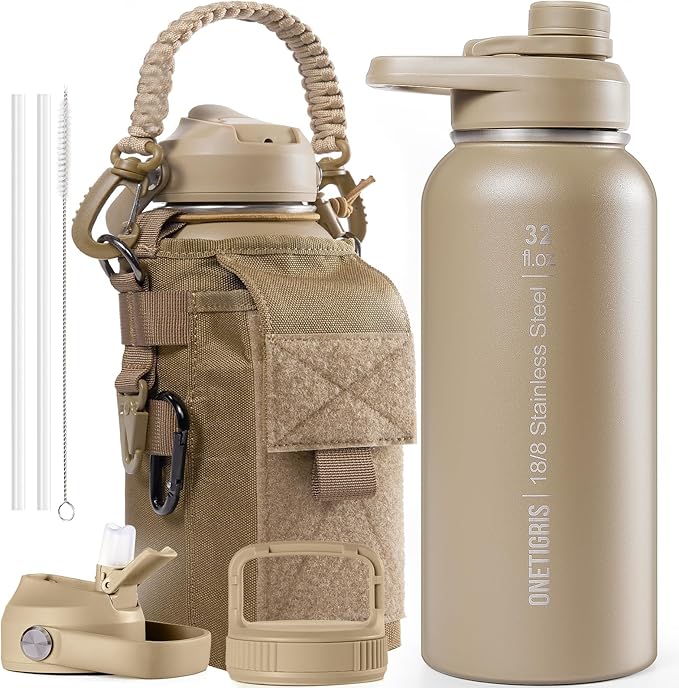 ONETIGRIS 32 oz Insulated Water Bottle with Straw - Tactical Stainless Steel Water Jug, Leakproof Thermos Wide Mouth Sport bottle with 3 Lids and Sleeve for Travel, Gym, Camping, Hiking