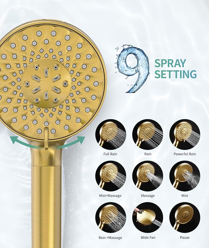 SR SUN RISE Filtered Shower Head with Handheld High Pressure 9 Spray Mode Showerhead Detachable Shower Head Water Softener Filters 1 Filter Brushed Gold