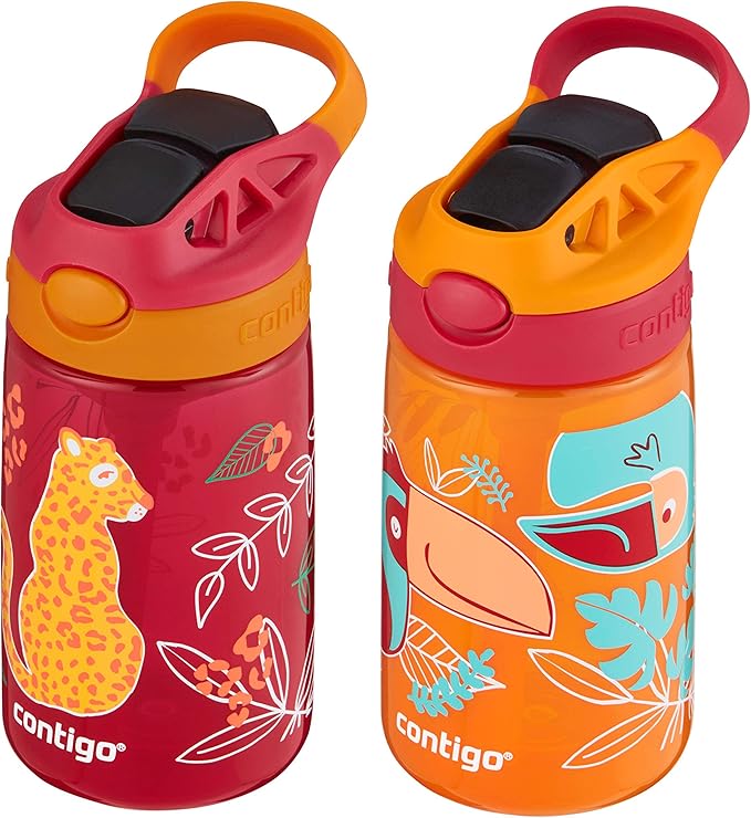 Contigo Aubrey Kids Water Bottle with Silicone Straw and Spill-Proof Lid,14 oz,Cheetahs & Toucans,(Pack of 8)