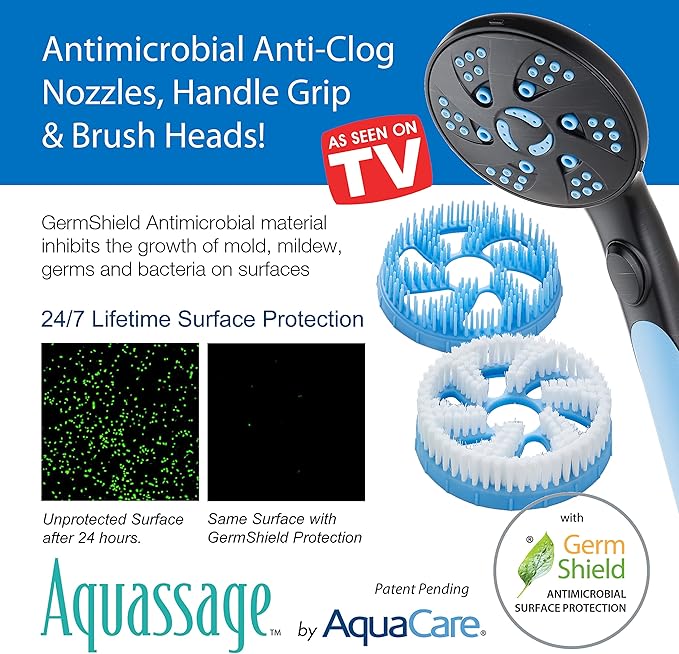 Hotel Spa AquaCare High Pressure 6-in-1 Aquassage 76-mode 3-way Combo, Showerhead, Hand Shower, Body Brush, Hair Brush & Arm in One Two Brackets, Extra-long 6 foot Hose, Brush Head Holder