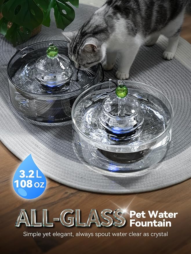 All-Glass Cat Water Fountain, 3.2L/108oz Glass Pet Fountain with LED Light, Automatic Water Dispenser for Cats (White)