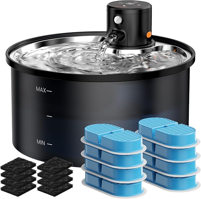 Wireless Cat Water Fountain Cordless: 108oz/3.2L Battery Operated Pet Fountain with Stainless Steel Water Tray + Plastic Barrel (Cat Fountains with 8 Filters & 8 Sponges)