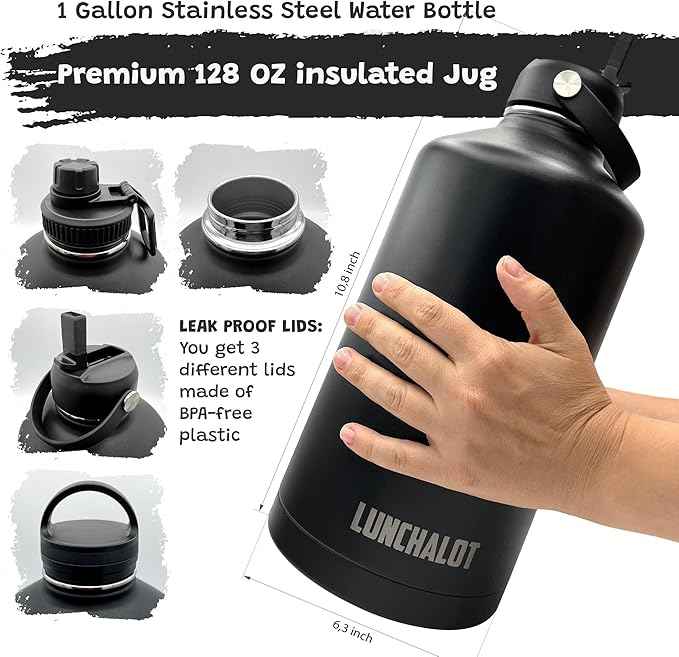 1 Gallon Water Bottle - 128 Oz Insulated Stainless Steel Metal Water Bottle with Holder - Carrying Bag - Spout Handle - Straw Lids - Keep Cold & Hot - Black Tactical Flask