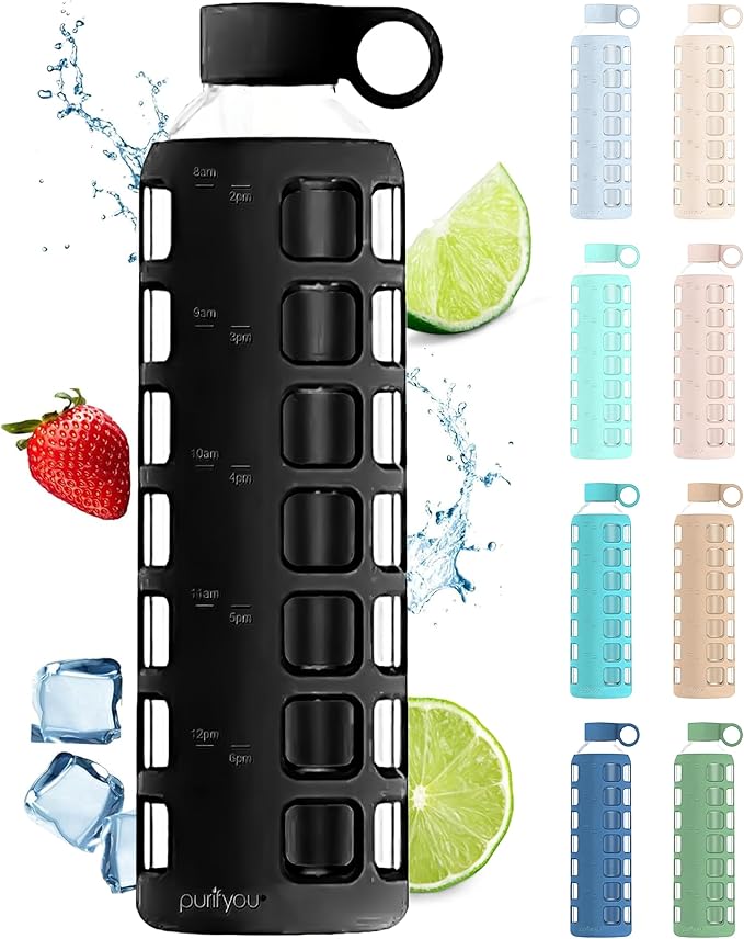 purifyou 40oz / 32oz / 22oz / 12oz Borosilicate Glass Water Bottle with Time & Volume Markers, Silicone Sleeve, Stainless Steel Lid | Reusable Glass Bottle for Water & Juice (32oz Jet Black)