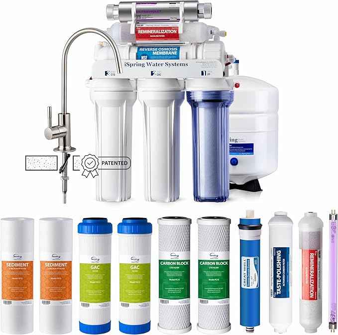 iSpring RCC7AK-UVF3 Value Pack, Alkaline UV 7-Stage Under Sink Reverse Osmosis Water Filter System, Patented Easy-Mount Faucet for Effortless Installation, Additional 3 Pre-Filters Included