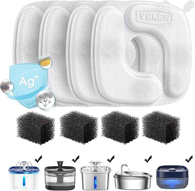 Veken Cat Water Fountain Filters, 4 Pack Replacement Filters & 4 Pack Replacement Pre-Filter Sponges Set for 50oz, 84oz, 95oz Automatic Pet Fountain Dog Water Dispenser - AquaVibe