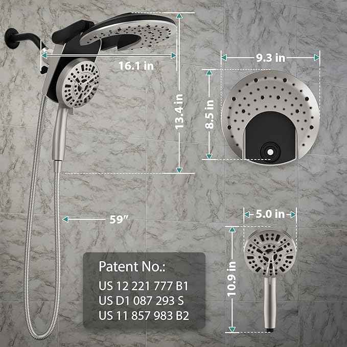 Rain Shower Head with Handheld: Foldable High Pressure Shower Heads with Handheld Spray Combo, 9 Spray Settings/Modes Hand Held Showerhead Dual Rainfall Shower Head Built-in Magnetic Docking and Jets