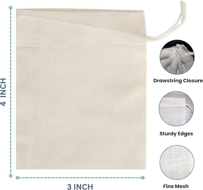 Spice bag | Muslin Bags with Drawstring, Reusable Tea Bags| Spice Bags for Cooking Soup/Herb/Loose Leaf Tea| Gift Bag Jewelry Pouch Bag| Natural Cotton Cheese Cloth Bag for Straining| 30 Pieces 3"x4"