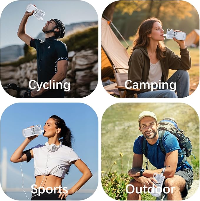 2 Pack Collapsible Water Bottles, 1L Hiking Water Flasks (2L Total) - 33oz BPA-Free Reusable Drink Bags With Carabiners and Handles, Squeeze Water through a Filter or Use as Water Bottles