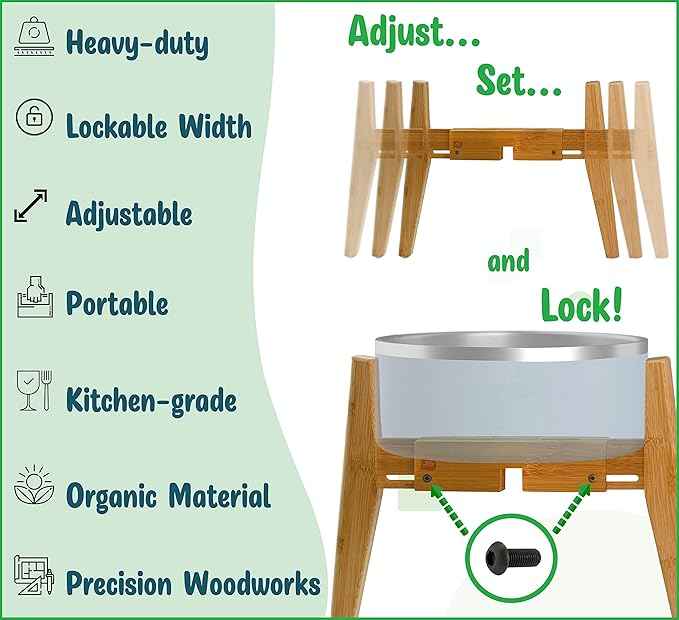 Dog Bowl Stand (14-inch High) - Ideal for Large Breeds, Use to Elevate, Raise Pet Dishes, Water Fountains and Slow Feeders - Adjustable Sideways, Bamboo - (Bowls not Included)