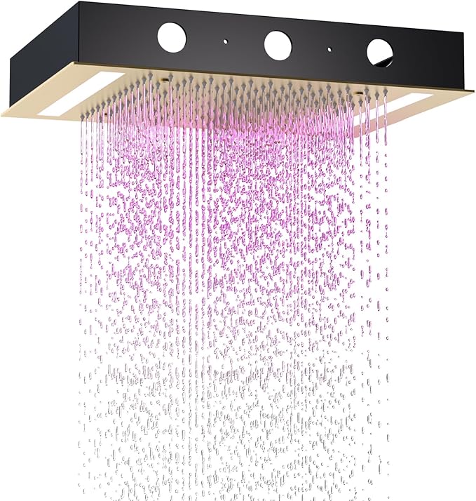 14x20 Inch LED Rainfall Shower Head- High Pressure Overhead Shower Heads with Water Filter Large Square Ceiling Mounted Bath Showerhead for Strong Spray & Relaxing Rain Shower (Brushed Gold)
