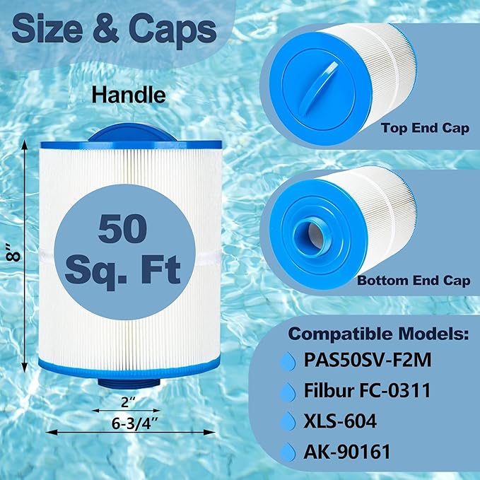 Hot Tub Spa Filter Replacement Cartridge 4 Pack Replace Artesian Spas, Tidal Fit Swim 06-0006-12, 06-0005-12, AR50, AK-90161, XLS-604, 6CH-502, PAS50SV-F2M, FC-0311, 50 Sq.ft.