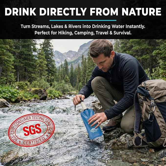 Tactiko Survival 20oz/600ml Purifying Water Bottle Filter Kit - Filter 265 Gal. Water from Rivers, Lakes & Streams - SGS Certified - UF Membrane, Activated Carbon - Camping, Hiking, Emergency (Blue)
