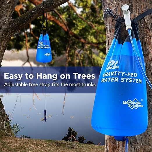 Membrane Solutions Gravity Water Filter Max 12L with Detachable Shower, NSF/ANSI 42&372&401 Certified, 0.1μm Water Purifier Camping with Adjustable Tree Strap Storage, Survival Gear for Emergency Kits