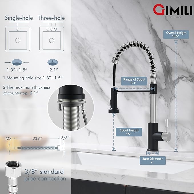 GIMILI Kitchen Faucet with Pull Down Sprayer Single Hole Stainless Steel Sink Faucet, Suitable for Farmhouses, RV, Laundry Room, Outdoor, and Campers. Llave para fregadero de cocina Nickel and Black