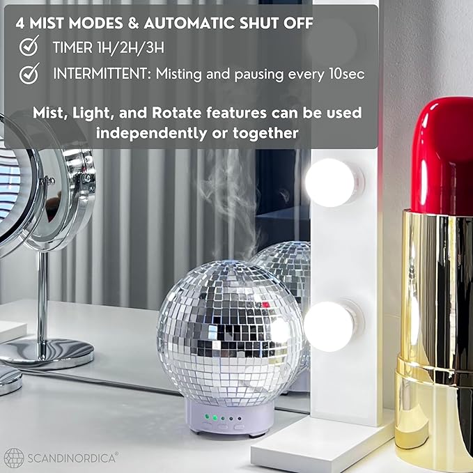 SCANDINORDICA Disco Ball Diffuser - Original Rotating Disco Essential Oil Diffuser with Whisper Quiet Operation, 14 Color Night Light & 4Time Settings | Cute Eclectic Home Decor for Medium Room Silver