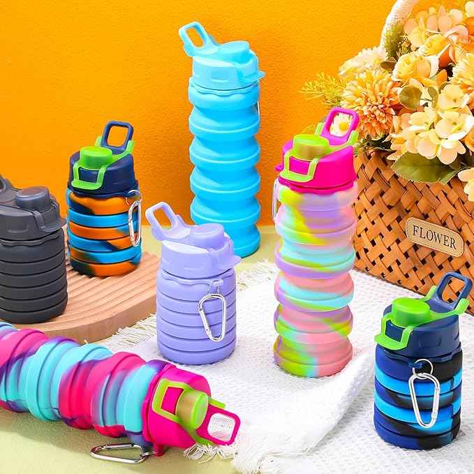 Sunnyray Collapsible Water Bottles Bulk Foldable Water Bottles 17oz Silicone Portable Leak Proof Reusable Sports with Clip for Travel Hiking Camping Outdoor(Colorful,40 Pack)