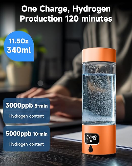 Hydrogen Water Bottle - Portable Rechargeable Water Bottle with LED Timer, Aluminum and Glass, 5000 PPB Hydrogen Production, Gift for Husband Wife Father Friend Client (Orange, 11.6Oz)