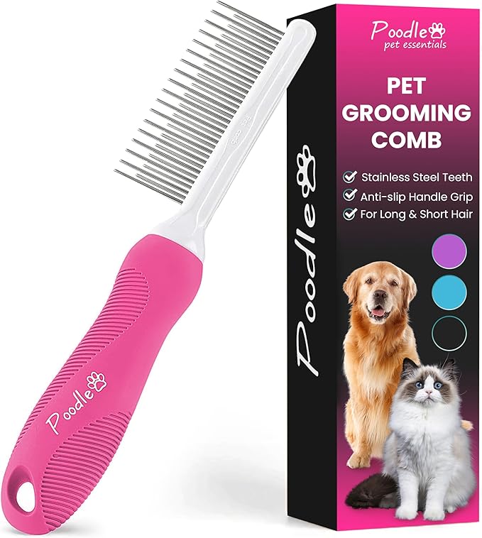 Poodle Pet Detangling Pet Comb with Long & Short Stainless Steel Teeth for Removing Matted Fur, Knots & Tangles – Detangler Tool Accessories for Safe & Gentle DIY Dog & Cat Grooming (Pink) - AquaVibe