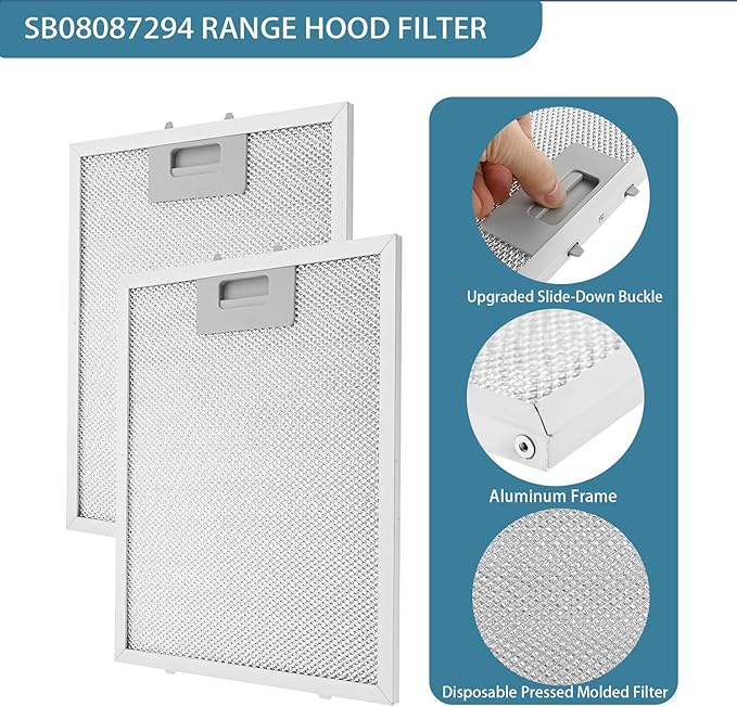 2 Pack SB08087294 Range Hood Filter 11.75"x 9.40" Compatible with For Broan Kenmore range hoods, Range Hood Aluminum Grease Filter, Replaces AP5614116 B08087294 RM523004 1373064 - AquaVibe