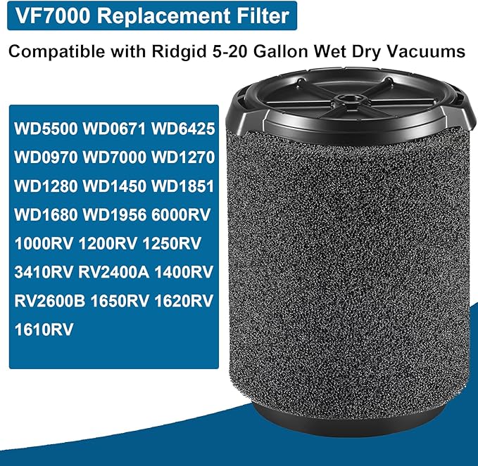 2 Pack VF7000 Replacement Filter for Ridgid Shop Vac, Compatible with Ridgid 5-20 Gallon and Husky 6-9 Gallon Wet/Dry Vacuum Cleaners Replacement Filters, Foam Wet Application Filter - AquaVibe