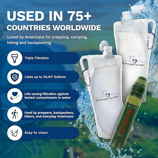 Survivor Filter Squeeze Kit – Emergency Water Straw with 2 Collapsible 33.8 fl oz Bottles – USA-Tested – 0.05 Micron Filtration – Portable Outdoor Water Filter for Camping & Hiking – No Expiration