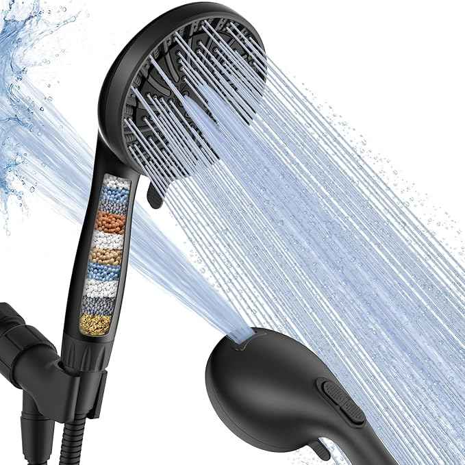Filtered Shower Head with Handheld, High Pressure 8 Spray Showerhead with Filters & Upgraded Detachable Shower Head, Water Softener Filters Beads for Hard Water -Remove Chlorine (Black)