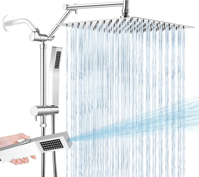 All Metal 12 Inch Rain Shower Head with Handheld Spray Combo, High Pressure Waterfall Rainfall Square Shower Heads with 16