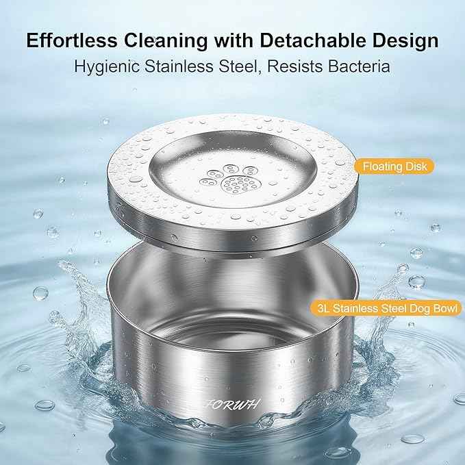 Stainless Steel Dog Water Bowl No Spill, 101oz/3L Large Capacity Pet Water Dispenser with Floating Disk, Non-Slip Slow Drink Feeder for Cat, Anti-Gulping & Splash Proof for Travel, Car & Home