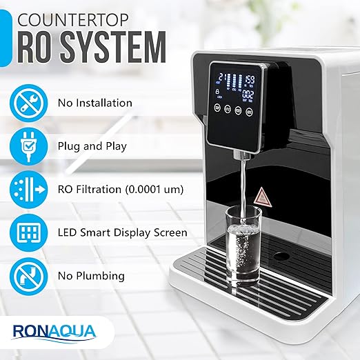 Ronaqua Countertop Reverse Osmosis Water Purifying Dispenser, 7 Different Application, Instant Hot Water, 4 Temperatures Options, No Installation Required, 3:1 Low Drain Ratio, Child Safety Lock