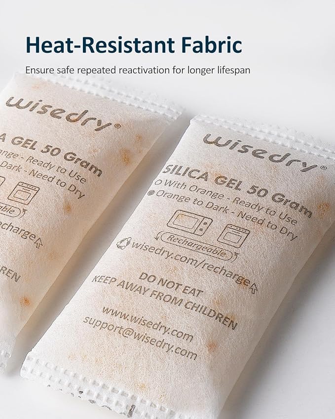 wisedry 50 Gram [10 Packs] Silica Gel Packets Microwave Fast Reactivate Desiccan Packs with Indicating Beads