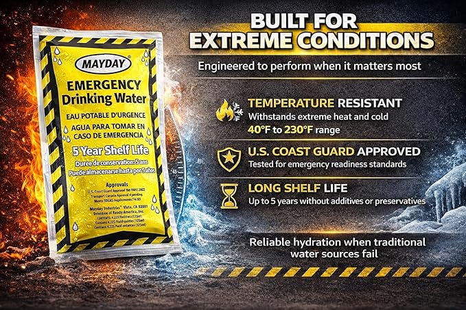 Mayday Pouch Water, Coast Guard Emergency Water, 5-Year Shelf LIfe, Disaster Preparedness Supplies for, Earthquake, Fire, Flood, Leak-Proof Pouches, 4.225 Oz/125Ml 50 Pack