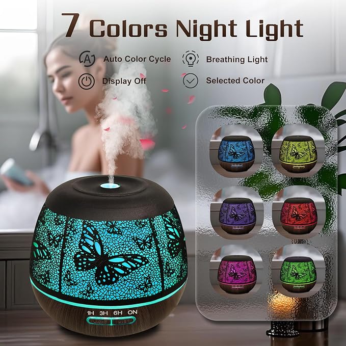 Essential Oil Diffuser for Bedroom 400ml,Diffusers for Home with R/C,Cool Mist Humidifier Large Room,Ultrasonic Scent Diffuser Waterless Auto Off,7 Colors Light & 3 Mist Modes for Desk Butterfly