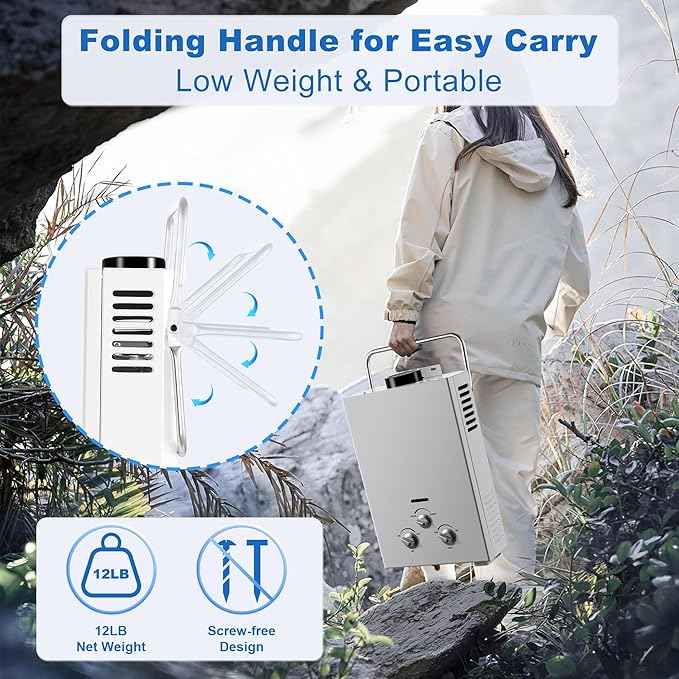 Outdoor Propane Tankless Water Heater - 6L 1.58 GPM Portable Gas Water Heater with Handle & Overheating Protection, Instant Hot Water for RV Cabin Camping Boat Barn