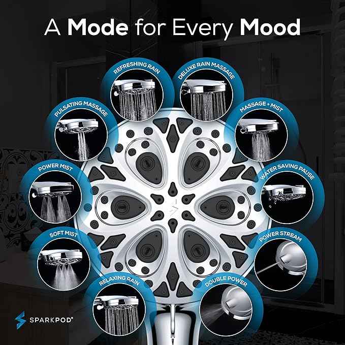SparkPod 10-Mode Handheld Shower Head with Filter - 5" High Pressure Filtered Shower Head with Touch-to-Clean Nozzles, Built-In Power Jet, Stainless Steel 6ft Hose & Bracket (Polished Chrome)