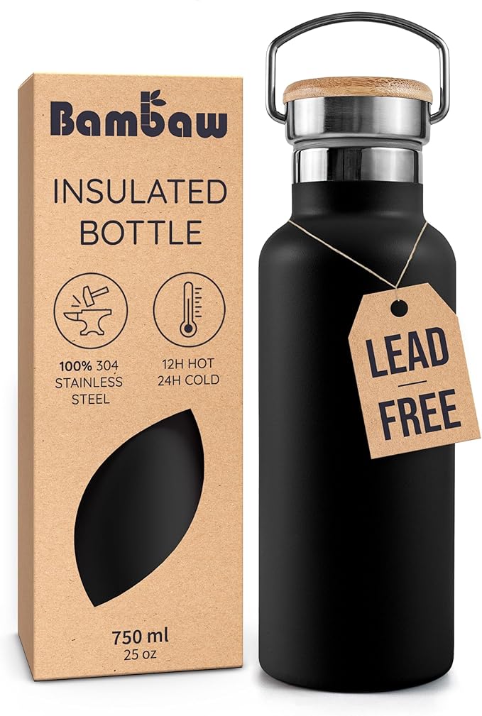 Bambaw Insulated Water Bottle 24 oz, Double Wall Stainless Steel Water Bottles, Keep Drinks Cold 24h & Hot 12h, Reusable & Easy to Clean, Great for Travel, Gym or Work (Jet Black)