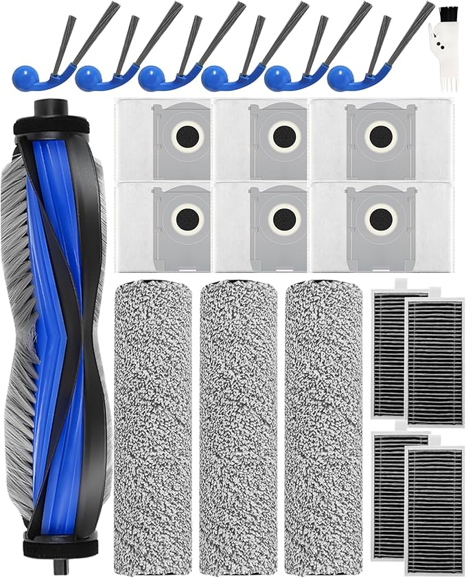 21 Pcs Replacement Parts Kit Compatible with ECOVACS DEEBOT T80 Omni Robot Vacuum - Accessory Set with 1 Main Brush, 3 Mop Brush Rollers, 4 Filters, 6 Dust Bags, 6 Side Brushes, 1 Cleaning Brush - AquaVibe