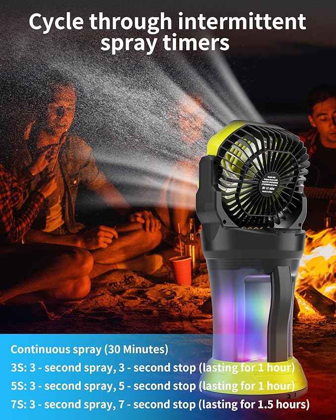 AVV Portable Misting Fan with RGB Ambient Light- 2L Water Tank, 4 Speeds & Spray Mist Fan, 30000mAh Rechargeable Misting Fans for Outdoor/Indoor Fans for Camping, Patio, Garden, Black-Green