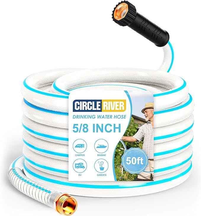 RV Water Hose, 5/8" Premium RV Drinking Water Hose for RV, Camping, Marine, Trailer and Truck, BPA Free, Anti-Kink and Leak-Free, Drinking Water Safe (White, 50FT)