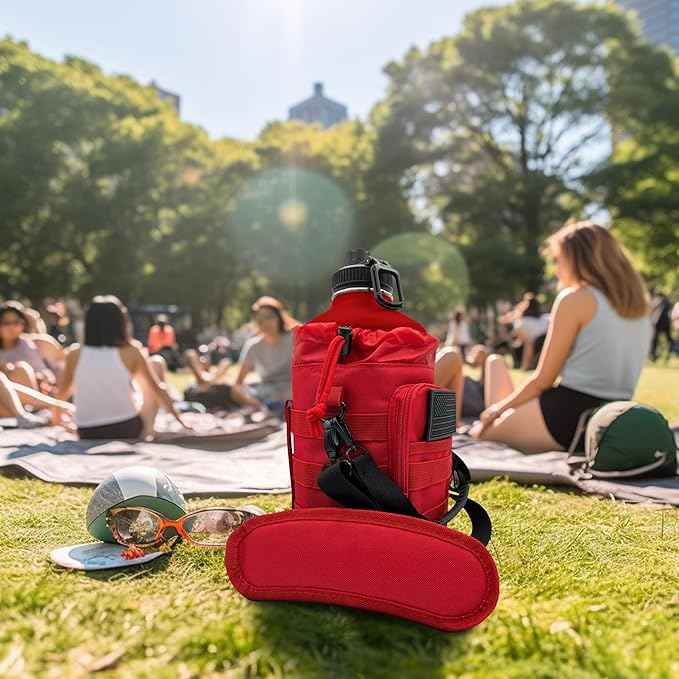 1 Gallon Water Bottle - 128 Oz Insulated Stainless Steel Metal Water Bottle with Holder - Carrying Bag - Spout Handle - Straw Lids - Keep Cold & Hot - Red Tactical Flask